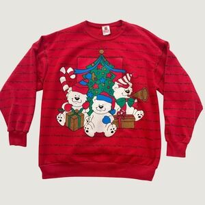Holiday Time Womens Vintage Christmas Sweatshirt Red Polar Bear Graphic Medium